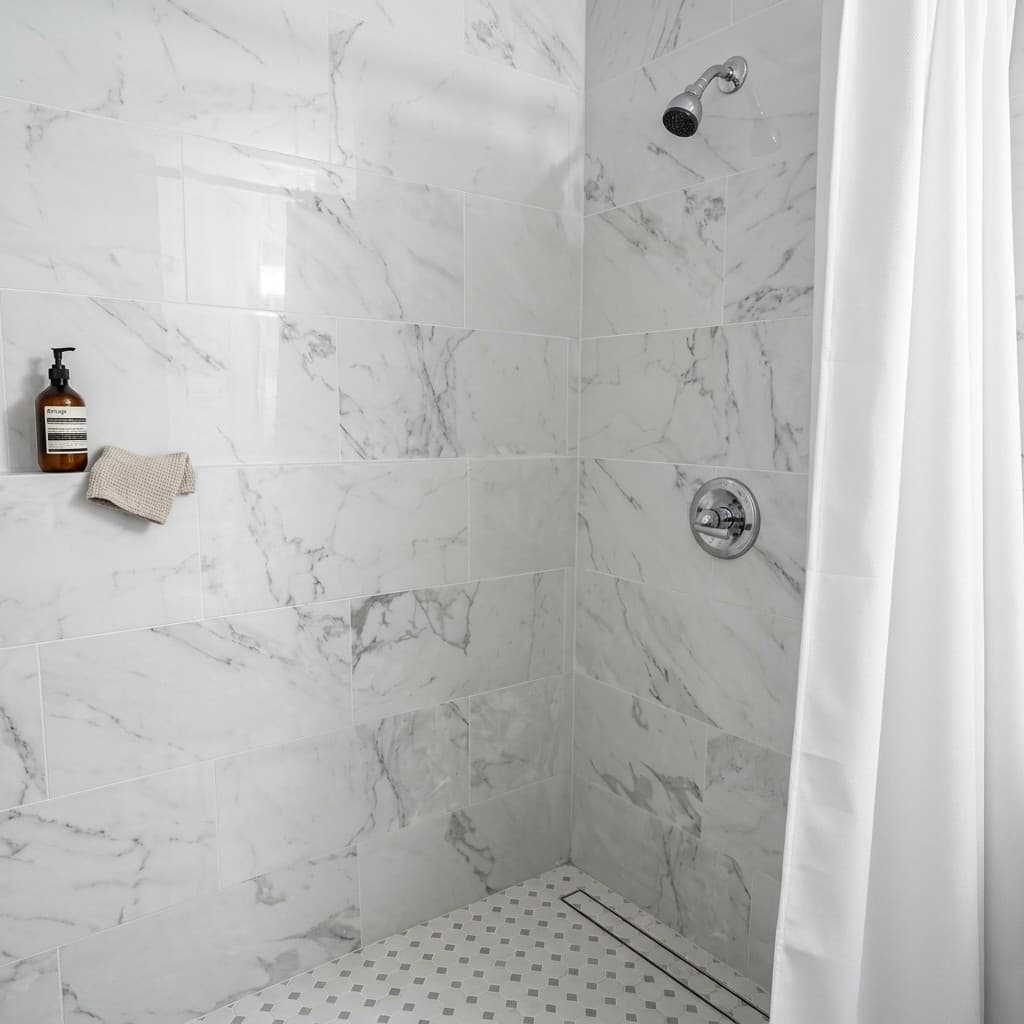 Clean marble tiled walk-in shower with mosaic tile flooring and nickel fixtures