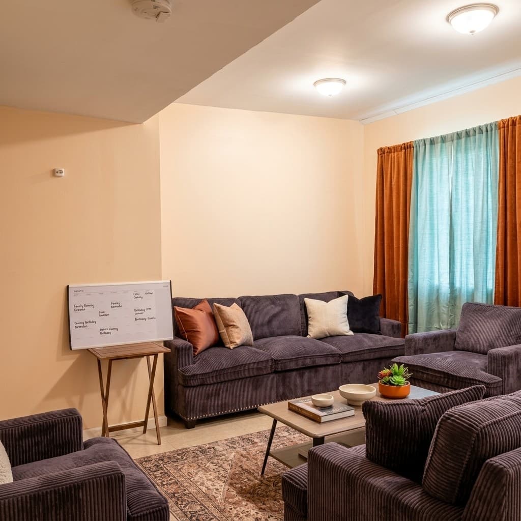 Common room with comfortable sofas and house calendar board in New York City