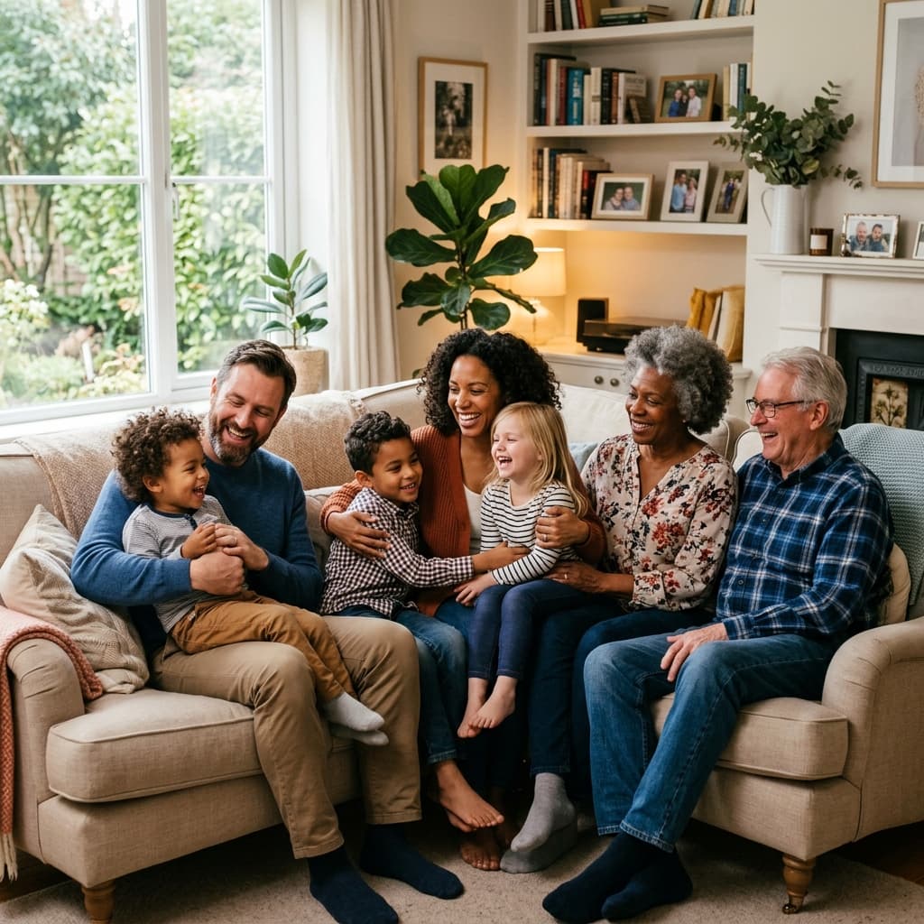 A diverse family including smiling Black and White people, happy together in a warm, welcoming home environment